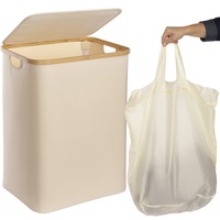 ONVAYA® Wäschekorb mit Deckel | 70 Liter | Beige | Wäschesammler fürs Badezimmer | Wäschetruhe aus Bambus-Holz & Oxford-Stoff | Design Wäschebox | Wäschesortierer