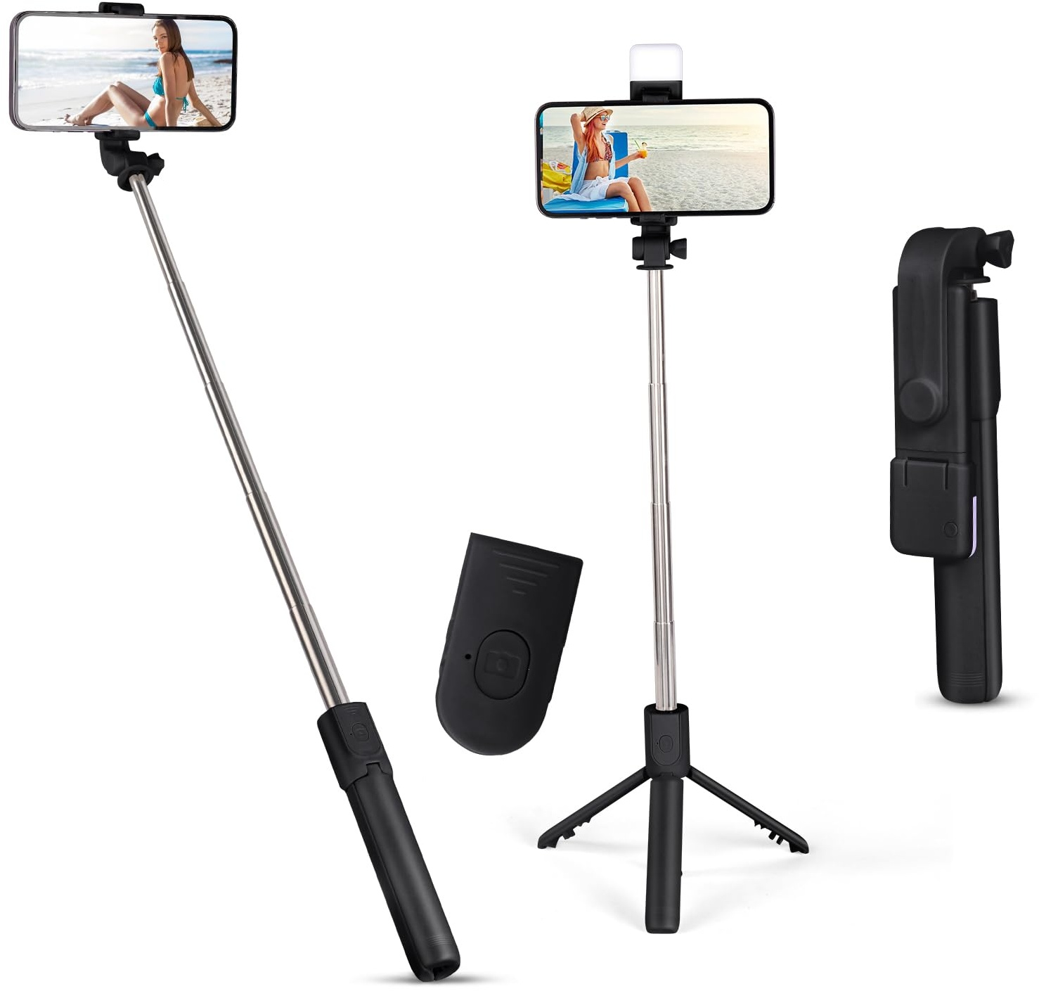 Flintronic Selfie Stick, Erweiterbar 3 in 1 Aluminium Selfie Stange, Bluetooth Selfie-Stange mit Fülllicht und Kabelloser Fernbedienung, Langes 70cm, für iPhone Samsung Smartphones Kamera, Schwarz