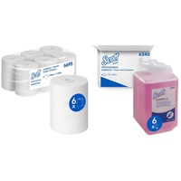 Scott Essential Slimroll Papierhandtücher gerollt 6695 – 6 x 190 m Handtuchrollen, weiß & Essential Schaum-Seife für die tägliche Verwendung 6340 – parfümierte Handseife – 6 x 1 Liter