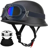 Deutsche Motorrad Jethelm ECE-Zertifizierung, Vintage Halbhelme Halbschalenhelm mit Schutzbrille Chopper Helm für Cruiser Street Scooter mit Schnellverschlussschnallen 22.4-25.2in