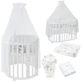 Waldin Oval Baby-Bett Mitwachsend Komplett Set 7in1, Gitterbett, Kinderbett mit Matratze, Wickelkommode, Beistellbett, Holz Weiß, Stoffe Weiß Zweige