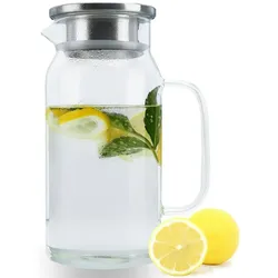 Intirilife Karaffe in KLAR - 1,2l Krug aus Borosilikatglas mit Henkel und Deckel geeignet für heiße und kalte Getränke, Tee, Kaffee, Wasser