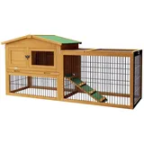 PawHut Hasenstall 2 Ebenen Kaninchenstall aus Tannenholz Winterfest Doppelstockhaus mit Freilaufgehege Rampe 150x52x68 cm Kaninchenkäfig Outdoor