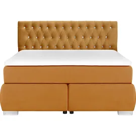 LEONIQUE Boxspringbett LEONIQUE "Rumba", gold (goldfarben), B:150cm L:213cm, Samtoptik (100% Polyester), Komplettbetten, Boxspringbett Seniorenbett Polsterbett, Taschenfederkern-Matratze in Härtegrad 3, in 4 Breiten, incl. Topper