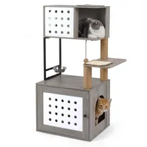Costway Kratzbaum mit Katzenklo Schrank, für Katzentoilette, Katzenkratzbaum mit Futterstation, Sisalpfosten, Kratzmatten & Eingang, Katzenhaus Holz, Futterstation,Sisalpfosten&Kratzma... Naturbelassen