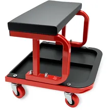 Relaxdays Werkstatthocker bis 100 kg gepolsterter Sitz, 4 Rollen, Montagehocker, schwarz-rot