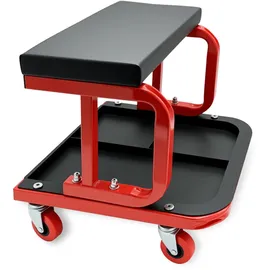 Relaxdays Werkstatthocker bis 100 kg gepolsterter Sitz, 4 Rollen, Montagehocker, schwarz-rot