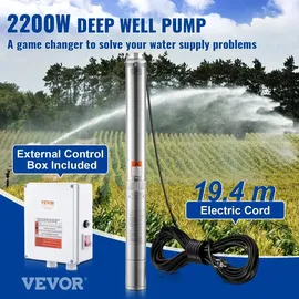Vevor Tiefbrunnen-Tauchpumpe 2200 W 9,8 m3/h Durchfluss 144 m Förderhöhe mit 19,4 m Kabel und externer Steuerbox