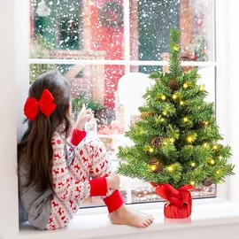 Costway Künstlicher Weihnachtsbaum mit Beleuchtung, Kleiner Tannenbaum mit 8 Lichtmodi, 8 Tannenzapfen & Zementbasis, Weihnachtsdeko, Tisch-... - Grün