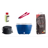 Lotusgrill Starter-Set Classic 1x Grill Tiefblau mit USB-Anschluß, 1x Buchenholzkohle 2,5 kg, 1x Brennpaste 200ml, 1x Zange (Farbe nach Vorrat), 1x