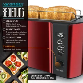 Arendo Frühstücks-Set 2-teilig, 4-Scheiben Langschlitztoaster + Wasserkocher 1,5 Liter, Rot