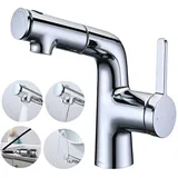 BuntHaus Wasserhahn Ausziehbarer mit Brause & Oberstrahl, Waschtischarmatur mit Auslauf Höhe 130 mm, Mischbatterie Waschbecken Wassersparend für Badezimmer, Chrom