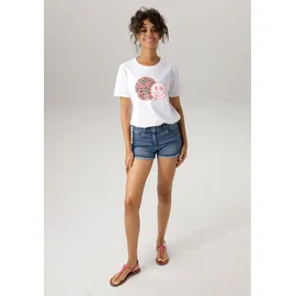 Aniston CASUAL T-Shirt ANISTON CASUAL, Damen, Gr. 48/50, bunt (weiß, pink, beige, schwarz, grau), Single Jersey, Obermaterial: 100% Baumwolle, bedruckt, figurumspielend hüftbedeckend, Rundhals, Shirts T-Shirt, mit coolen Smileys bedruckt