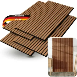 DELUKE® 3D Akustikpaneele 4er Set - Holz Optik Paneele | Akustik Wandpaneele Akustikplatten für Wand Wohnzimmer Flur Küche Lamellenwand Teak