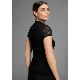 MELROSE T-Shirt MELROSE, Damen, Gr. 38, schwarz, Jersey, Obermaterial: 95% Viskose, 5% Elasthan. Spitze: 95% Polyester, 5% Elasthan, leicht transparent, tailliert hüftlang, Shirts T-Shirt, taillierte Passform, mit Stehkragen, aus Jersey und Spitze