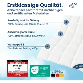 AM Qualitätsmatratzen DormiGood Daunendecke 140x200 cm | Atmungsaktive Ganzjahresdecke 140x200 | Oeko-TEX zertifizierte Federbettdecke 140x200cm