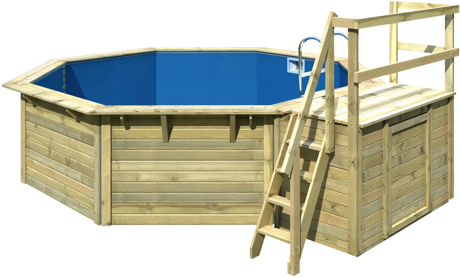 Karibu Pool Modell X2 470 x 470 cm mit Terrasse - kesseldruckimprägniert/wassergrau mit Metallecken Ausführung Wände: kesseldruckimprägniert / Poolfolie: blau inkl. gratis Pool-Pflegeset (Gesamtwert 69 €)