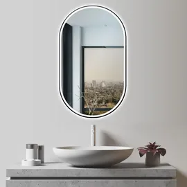 Hoko Badspiegel LED Antibeschlag Wandspiegel Oval 45x75cm mit Aluminium-Rahmen+LED Wechsel Warmweiß-Kaltweiß-Neutral 2700-6500K.Touch Schalter.Ra... / Schwarz