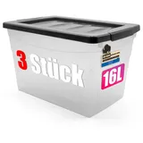 BigDean Aufbewahrungsbox 3x 16 L mit Deckel 3-tlg. schwarz