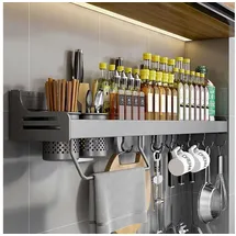 luxuskollektion Gewürzregal Wand ohne Bohren 10 Haken 2 Hängebecher Grau