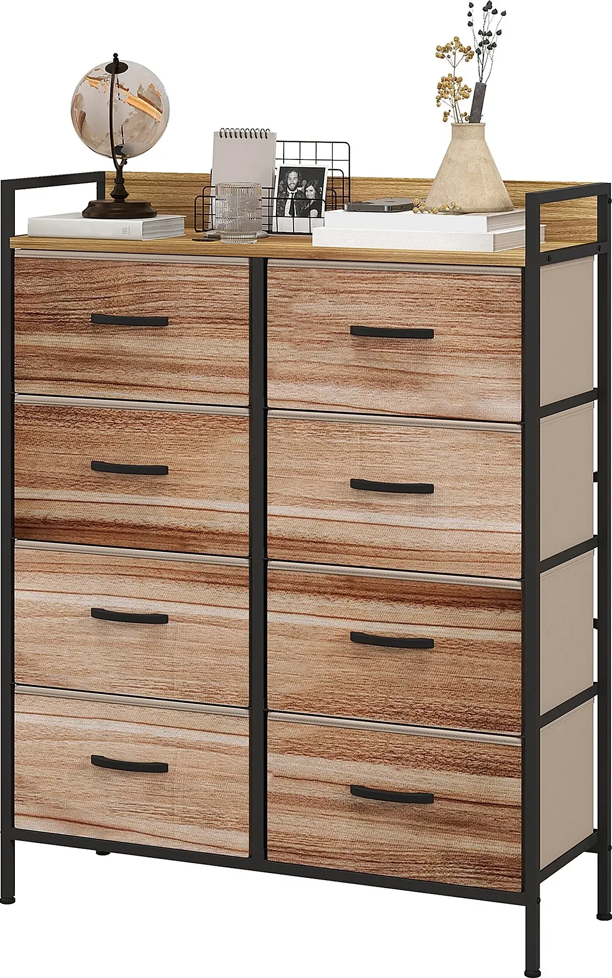 HOMCOM Möbel Rangement Kommode Schubladenkommode 8 Schubladen aus abnehmbarem Stoff, obere Ablage und Stahlrahmen 79L x 29B x 101H cm Natur und Schwarz   Aosom