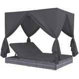 Gecheer Outdoor-Lounge-Bett mit Vorhängen Poly Rattan Sonneninsel mit Sonnendach Garten Sofa Gartenliege Lounge Liege Set Doppelliege Sonnenbett Doppelbett Gartenmöbel Terrassen Strandkorb Grau