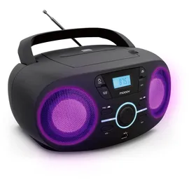 Mooov 477415 Tragbarer CD-Player, CD-Audio-Lesegerät CD-R/CD-RW/CD-MP3, FM-Radio, USB-Anschluss, LED-Lichteffekte, ergonomischer Griff, Stromversorgung oder batteriebetrieben, Schwarz