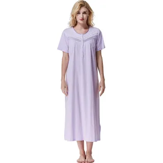 Keyocean Nachthemd Damen Baumwolle Schlafshirt Kurzarm Nachtwäsche Sommer Bequeme Schlafkleid Knopfleiste Lang Loungewear, Helles Violett, M - M
