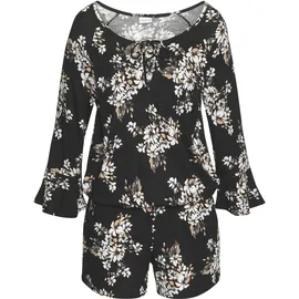 LASCANA Overall LASCANA, Damen, Gr. 36, N-Gr, beige (schwarz, creme, bedruckt), Jersey, Obermaterial: 100% Viskose, bedruckt, figurumspielend kurz, V-Ausschnitt, Volant, Overalls Overall, mit Volant am 3/4-Arm, kurzer Jumpsuit mit Blumenprint