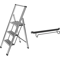 Trittleiter WENKO "Modell Alu-Design", silber (silberfarben, schwarz), B:44cm H:127cm L:5,5cm, Aluminium, Kunststoff, Leitern, stabile Klapptritt Leiter, rutschsicher, bis 150 kg, mit Leiternhalter