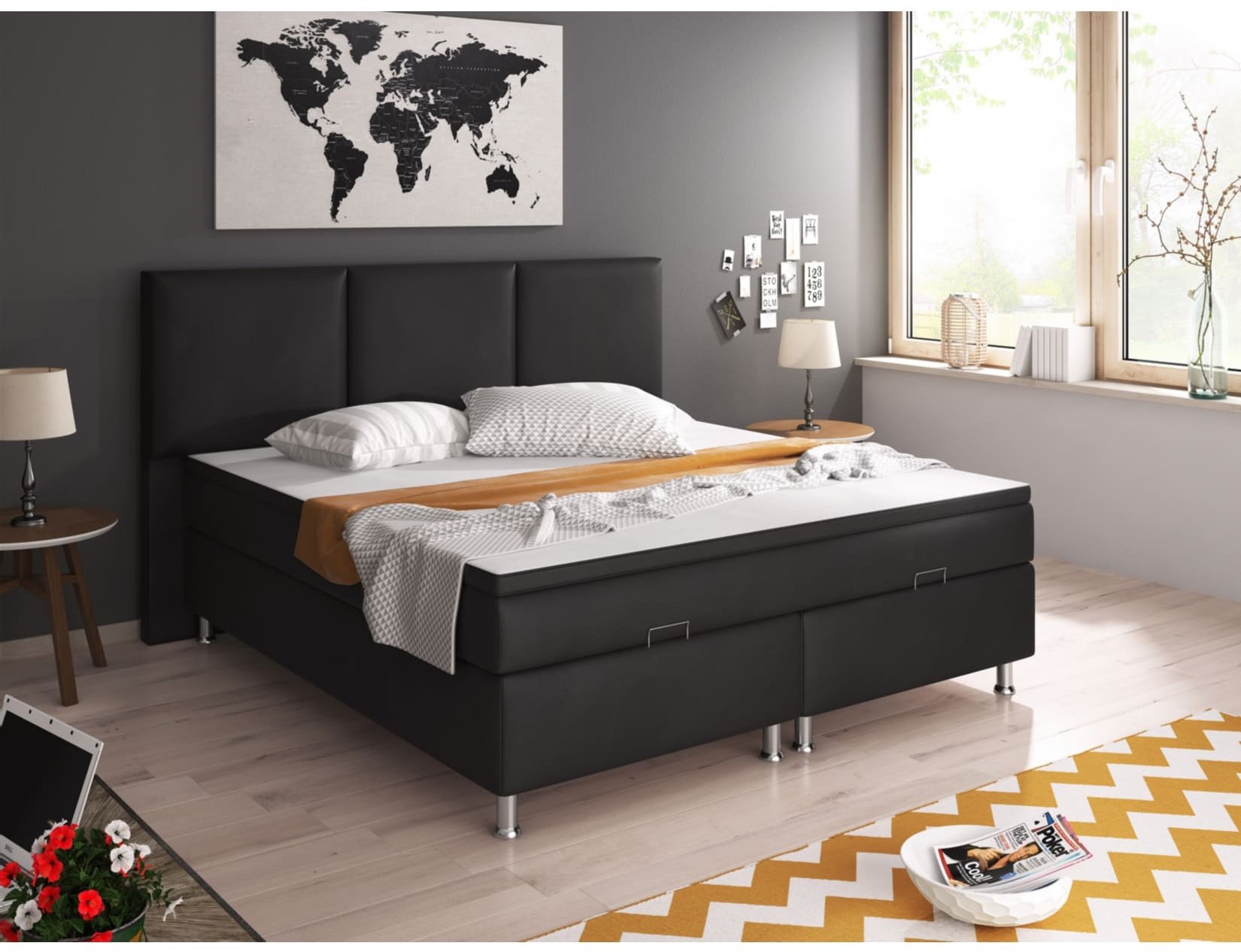 Inter Handels Boxspringbett Oslo mit Bettkasten 180x200 cm Kunstleder schwarz