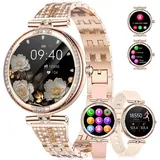 ESFOE Smartwatch Damen mit Telefonfunktion, 1,19'' AMOLED Diamond Smartwatch mit 123 Sportmodi, Menstruationszyklus, Pulsmesser, Schlafmonitor, IP68 Wasserdicht Fitnessuhr für iOS Android(Roségold)