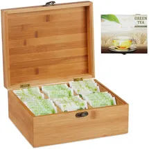 Relaxdays Teebox Bambus, 6 Fächer, 72 Teebeutel, Teedose mit Klappdeckel, Aromaschutz, Hxbxt 9,5 x 22 x 18,5 cm, Hellbraun