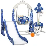 Rutaqian Indoor-Rutsche 5 in 1 Kinderrutsche für Outdoor & Indoor Rutsche, (rutschfester Leiter, Rutsche, Schaukel, Fußballnetz, mit Schaukel Basketballkorb Kletterleiter), Kinder Spielplatz Slide Gartenrutsche Kinderschaukel blau