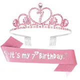 Exipsat 7. Geburtstag Krone und Schärpe Set, Rosa Prinzessin Tiara mit Strasssteinen, Geburtstagsschärpe "It's my 7th Birthday", Geburtstag Party Accessoires für Mädchen
