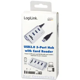 Logilink CR0045 3+2 Port USB 3.0 Hub (3-Port) mit Kartenleser für SD - Micro-SD Speicherkarten, Aluminiumgehäuse, mit eingebautem SD-Kartenleser Silber