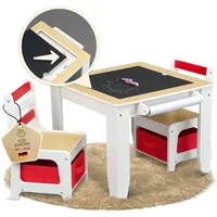 Möbelitop Kindertisch mit 2 Stühlen, Maltisch mit Tafel und Papierrolle, Tafeltisch, Kindersitzgruppe aus Holz, Kindertisch Stuhl Set, Kinderstuhl mit Stauraum