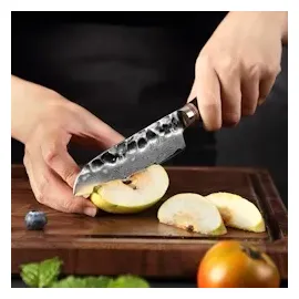 Wakoli EBO Damast Kleines Santokumesser 12 cm Klinge I schwarzer Eichenholzgriff