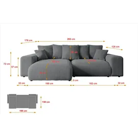 altdecor Ecksofa Cord mit Schlaffunktion 2-Sitzer Dunkelgrau