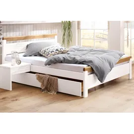 otto home Massivholzbett OTTO HOME ""CAPRE" im skandinavischem Landhausstil", weiß (weiß, eichefarben), B:149,5cm L:208cm, Betten, Massivholzbett, mit Rollrost, aus zertifiziertem Massivholz, Lamellenoptik