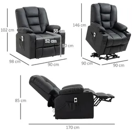 Homcom Fernsehsessel mit Aufstehhilfe Elektrisch Relaxsessel mit Massagefunktion, USB, Liegefunktion, Rollen, Fernbedienung, Becherhalter, Seitentasche, zweiteiligen Fußstütze bis 150 kg, Schwarz