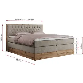 MKS Meble King Boxspringbett 180x200 mit Bettkasten Eiche, Polsterbett 180x200 mit Matratze H4, Bett 180x200 mit Kopfteil, Bett mit Holzrahmen in W... - Beige