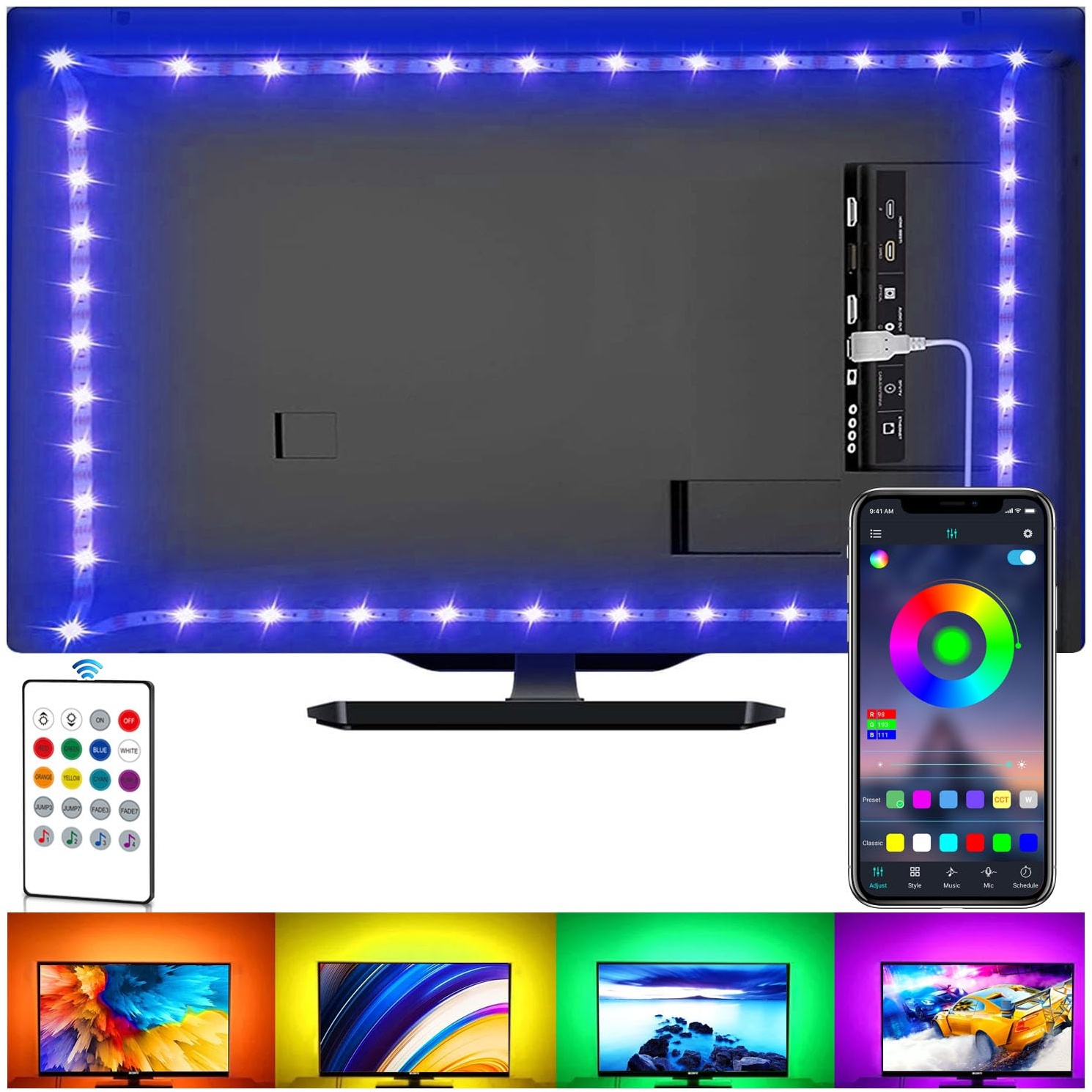 LED-Streifen für TV, USB-TV-Hintergrundbeleuchtungs-Kit mit Fernbedienung, App-Steuerung, Synchronisierung mit Musik, 5050 RGB Smart LED Bias Beleuchtung für HDTV (4 m für 65-75 Zoll Fernseher)