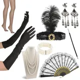 VFANDV 1920er Jahre Zubehör Set, 10 Stück 20er Jahre Kostüm Damen Charleston Kostüm Damen 20er Jahre Accessoires, Gatsby Accessoires Damen mit Flapper Stirnband Halskette Ohrringe - Federstirnband: Durchmesser: 23cm