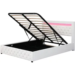 Merax Polsterbett 160 x 200 cm, Funktionsbett mit Lattenrost und Stauraum, mit LED-Beleuchtung, mit Funktion von Aufbewahrung, weiß, PU