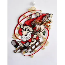 Stickereien Plauen Fensterbild STICKEREIEN PLAUEN "Weihnachtsmann mit Schlitten", bunt, B:25cm H:30cm, Polyester, Fensterbilder
