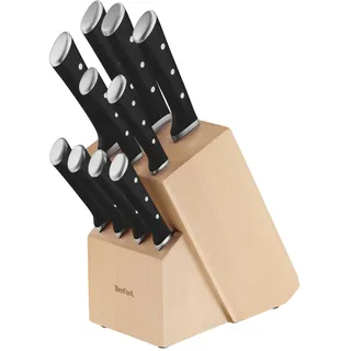 Tefal Ice Force 11-tlg. Messerblock-Set, 6 Messer, 4 Steak Messer, 1 Holz-Messerblock, hochwertiger, deutscher Edelstahl, Ice Force Technologie, korrosionsbeständig, schwarz/braun/silber, K232SA