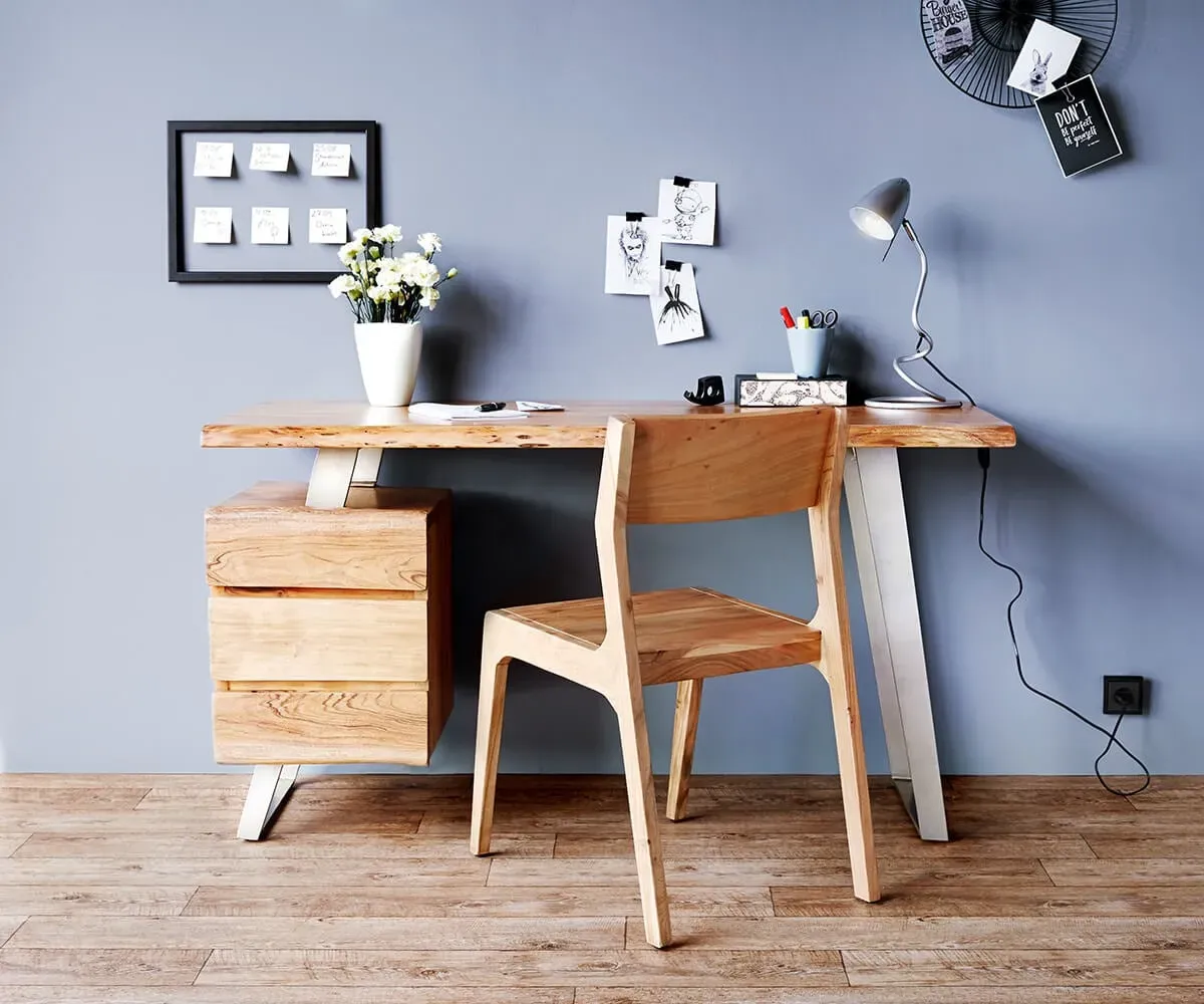 DELIFE Table-bureau Live-Edge 150x60 cm acacia nature 3 tiroirs, Bureaux, Baumkantenmöbel, Massivholzmöbel, Massivholz
