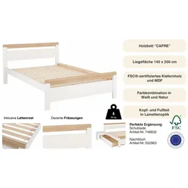 otto home Massivholzbett OTTO HOME ""CAPRE" im skandinavischem Landhausstil", weiß (weiß, eichefarben), B:149,5cm L:208cm, Betten, Massivholzbett, mit Rollrost, aus zertifiziertem Massivholz, Lamellenoptik