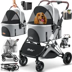 LOVPET® Hundewagen 3in1 Hundebuggy bis 32kg Hundebox Transporttasche faltbar klappbar Große Räder Netzfenstern Regenschutzabdeckung Becherhalter Kuscheldecke Katzenbuggy Jogger Buggy für Haustiere